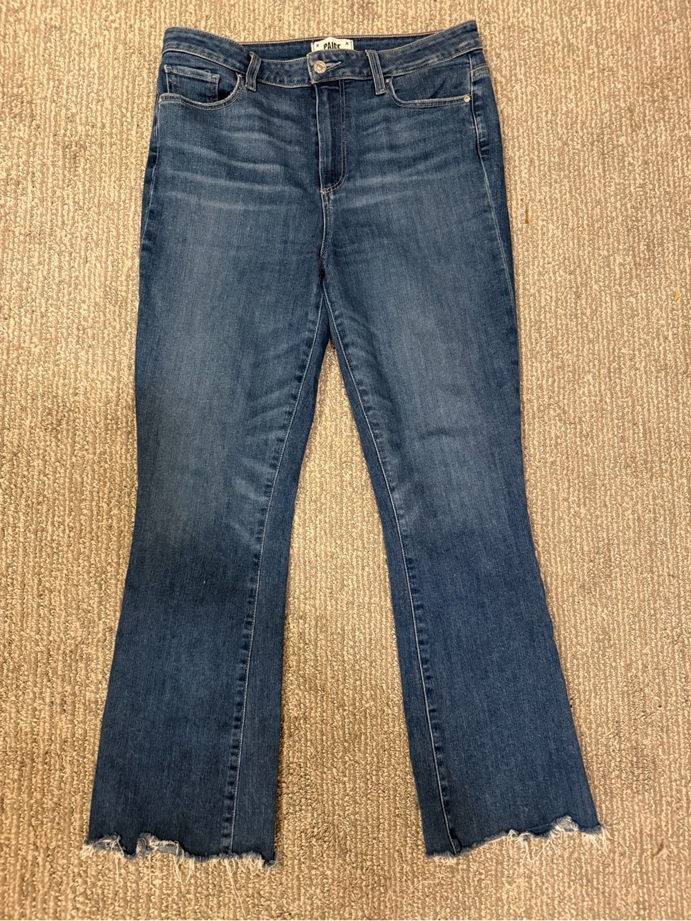 PAIGE Claudine Jeans 31 Blue High Rise Ankle Flare Raw Hem Stretch Denim